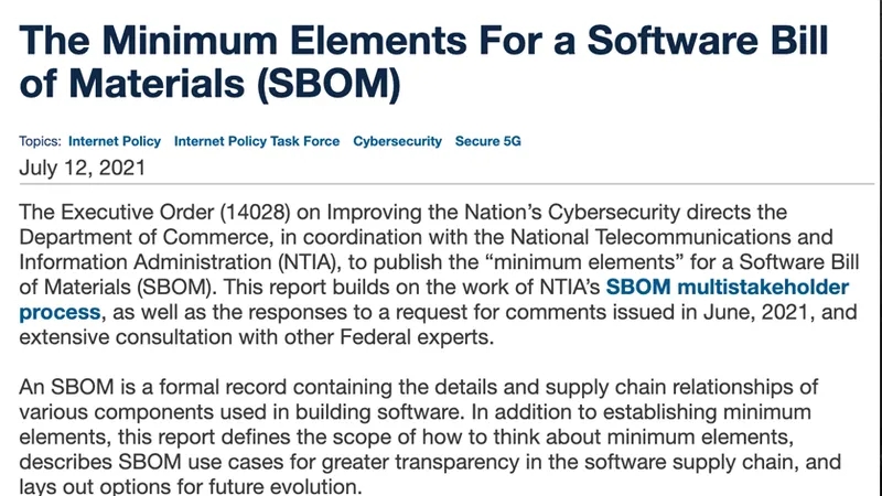 Screenshot of the NTIA Webpage: Minimum Elements of an SBOM